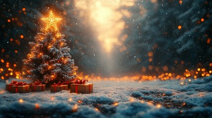 A Snow Covered Christmas Tree With Gifts Underneath