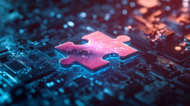 Glowing holographic puzzle piece integrated on circuit board, symbolizing interconnection in technology