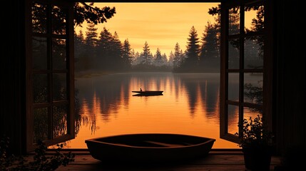 Serene sunset view of a calm lake and forest seen through open cabin windows with a small rowboat in the foreground.