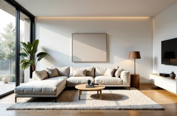 Contemporary living room with low profile sectional, minimalist coffee table and fine art. Scandinavian style