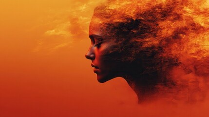 A woman's face is shown in a fiery orange background. Generative AI
