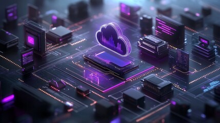 Glowing Cloud Icon Over Circuit Board with Futuristic Technology Elements