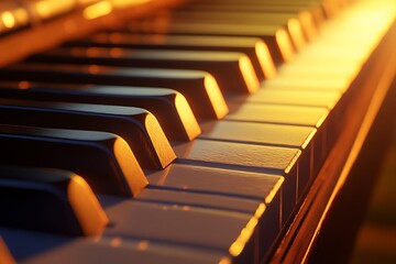 Close-up of piano keys illuminated by warm light, highlighting texture and form.