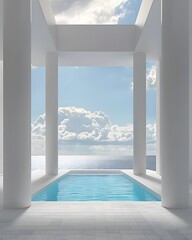 Obraz premium White pool and walls with blue sky and clouds. Architectural modern minimalism interior design
