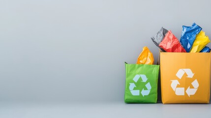 Obraz premium Colorful Recycling Bags for Waste Separation on Gray Background
