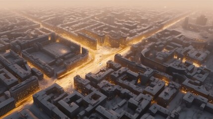 Obraz premium Ultra detailed, photorealistic aerial view of a snowy city skyline at dusk with festive holiday lights and decorations