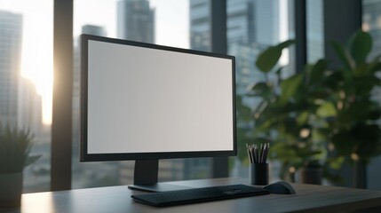Fototapeta premium Modern Computer Display on Desk Near Window