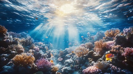 Fototapeta premium Underwater scene showcasing vibrant coral reefs and sunlight filtering through water.
