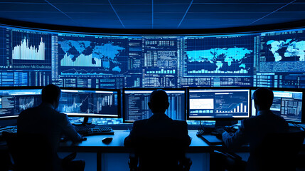High tech control room with professionals analyzing data on multiple screens. atmosphere is focused and dynamic, showcasing advanced technology and teamwork