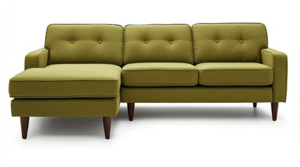 Fototapeta premium Olive green L-shaped sectional sofa with button tufting and mid-century modern legs.
