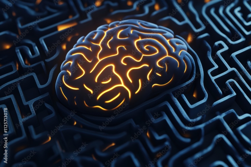 Poster A human brain is creatively designed as a labyrinth, featuring intricate pathways illuminated with soft light against a dark background. Generative AI