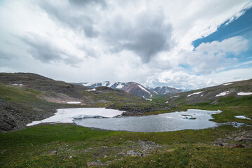Beautiful small lake with snowfield among green grassy hills and rocks with view to snow-capped mountain range. Scenic landscape with alpine lake and snowy high mountains. Mountain lake in highlands.