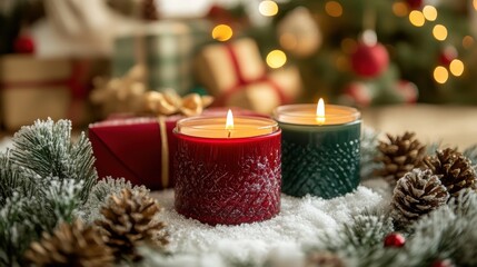 Two candles are lit on a table with pine cones. Generative AI