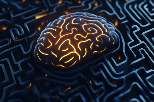 A human brain is creatively designed as a labyrinth, featuring intricate pathways illuminated with soft light against a dark background. Generative AI