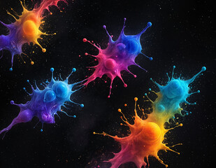 Obraz premium Bubbles with stars and nebula behind splattered liquid paint in dynamic colors - generated by ai