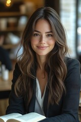 A woman with long brown hair is sitting at a table with a book in front of her. Generative AI