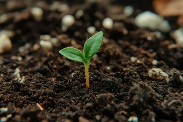 A small green seedling emerging from dark soil, symbolizing growth and new beginnings.