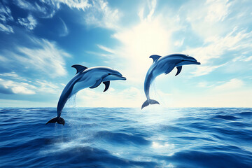 Dolphins Leaping into the Sunlight: Two playful dolphins leap out of the sparkling blue ocean, a breathtaking sight against the backdrop of a sunny, cloud-filled sky.