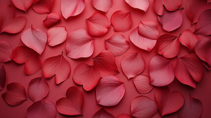 Fototapeta premium Heart-shaped rose petals scattered on a vibrant red background for Valentine's Day celebration
