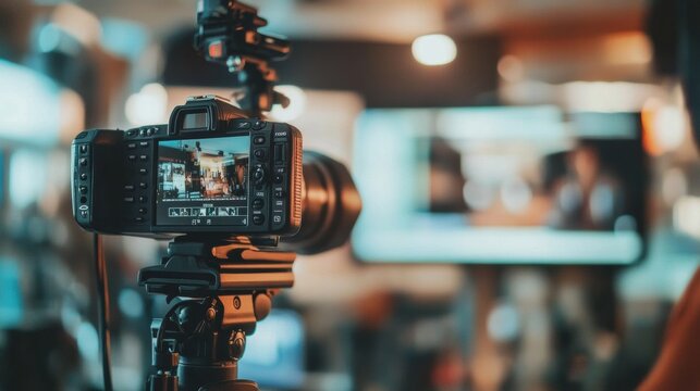 Camera captures an interview setup in a contemporary television studio, showcasing professional media tools in a creative environment. Generative AI