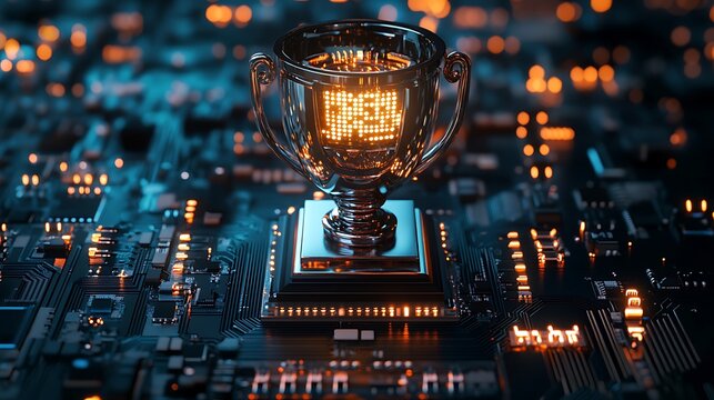 Glowing Cup or chalice integrated on circuit board with futuristic light, symbolizing win, success or universal creativity in technology
