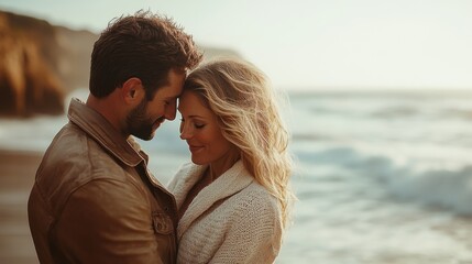 Obraz premium Romantic moment of a couple embracing together on a serene beach during sunset by the ocean waves