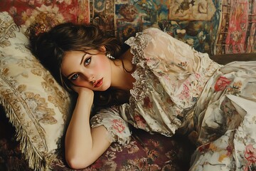 Fototapeta premium A young woman in a floral dress lies on a decorative couch, gazing thoughtfully.
