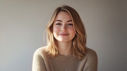 Obraz premium Young Woman with Soft Smile in Casual Sweater, Natural Lighting