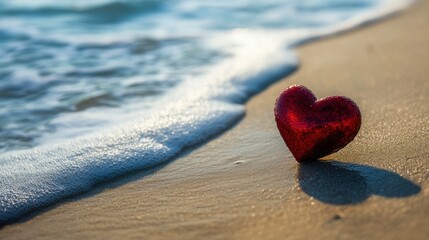 Fototapeta premium Red Heart Shaped Decoration on Sandy Beach with Gentle Ocean Waves in Background During Sunset Light