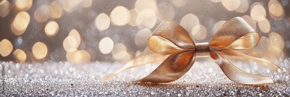 Poster a golden ribbon bow sits on a glittering surface, creating a festive atmosphere perfect for new year