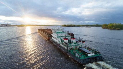 Large ship is traveling through the water