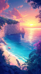 dramatic cliffside overlooks vibrant turquoise ocean at sunset, creating serene and colorful scene