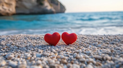 Small Red Hearts on Pebble Shore with Ocean Waves and Soft Sunset Light in Background