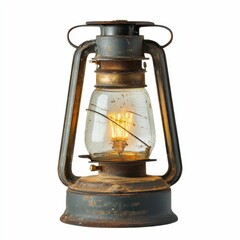 Rustic lantern with a glowing bulb, showcasing vintage design and weathered metal. Perfect for adding a nostalgic ambiance to outdoor or indoor settings. isolated on a white background.