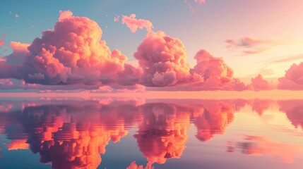 Naklejka premium Vibrant orange and pink clouds floating above a still sea at sunrise, creating stunning reflections on the water