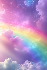 Rainbow with fluffy clouds and magic stars on pastel sky background. Cute concept for children birthday, nursery, baby shower, kindergarten, school. Symbol of LGBT community. International Pride Day