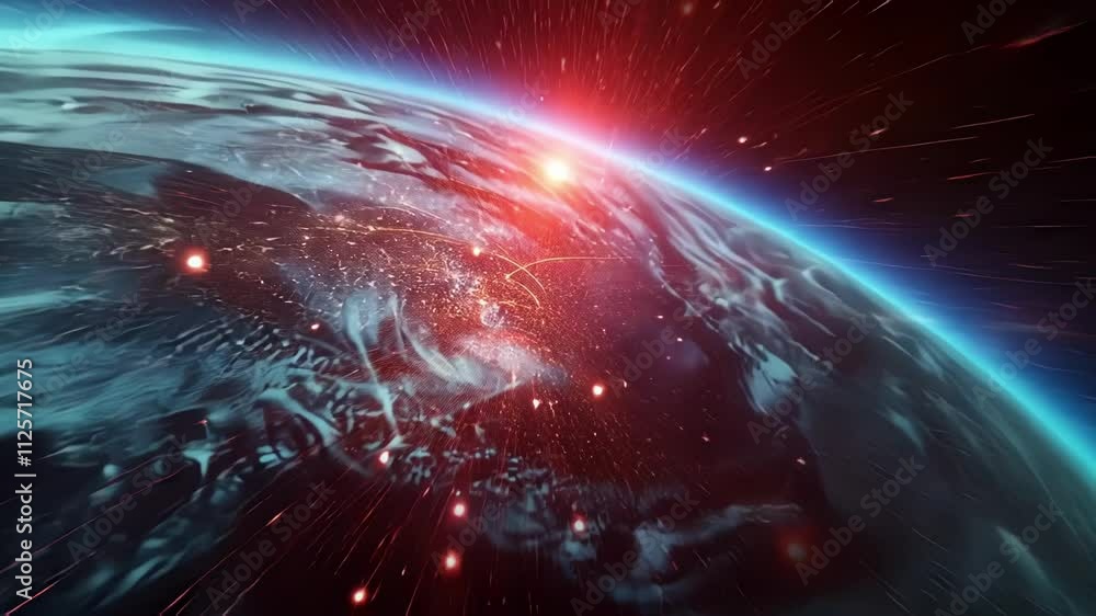 Poster a series of satellites orbit the earth their data transmissions depicted by glowing red lines that s
