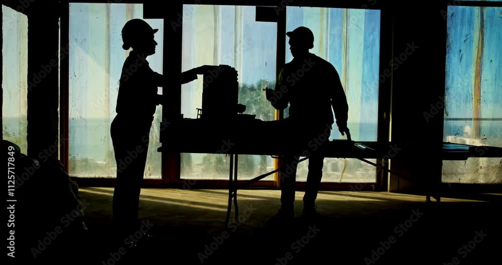 Aufkleber building, collaboration and silhouette of construction worker people on site for property developmen