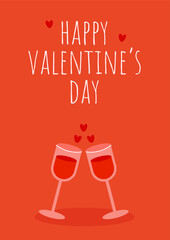 Happy Valentine's Day card with flat vector wine glasses and hearts. Simple holiday card.