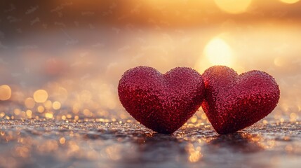 Fototapeta premium Glittering Red Hearts on a Surface with Beautiful Bokeh Background at Sunset