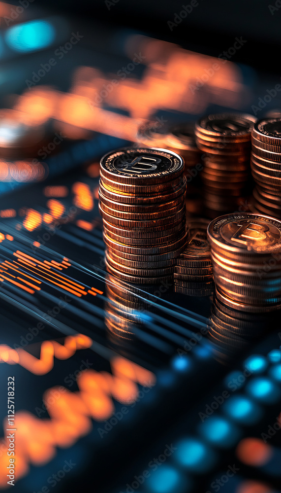 Poster clean visualization of financial success featuring stacked coins and graphs