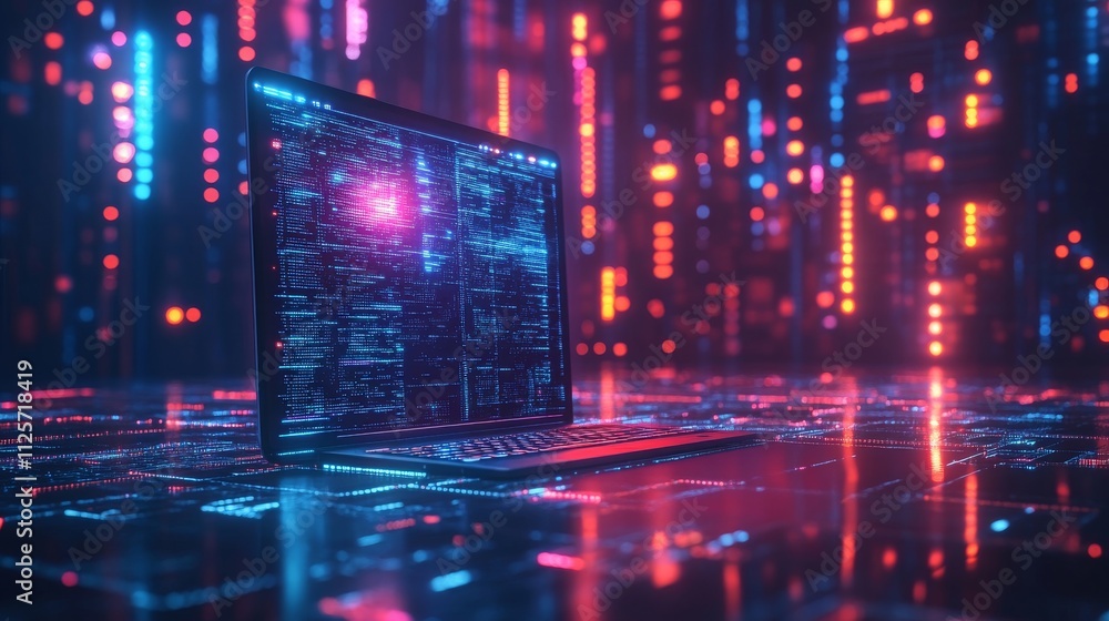 Poster futuristic laptop displaying colorful data in cyber environment