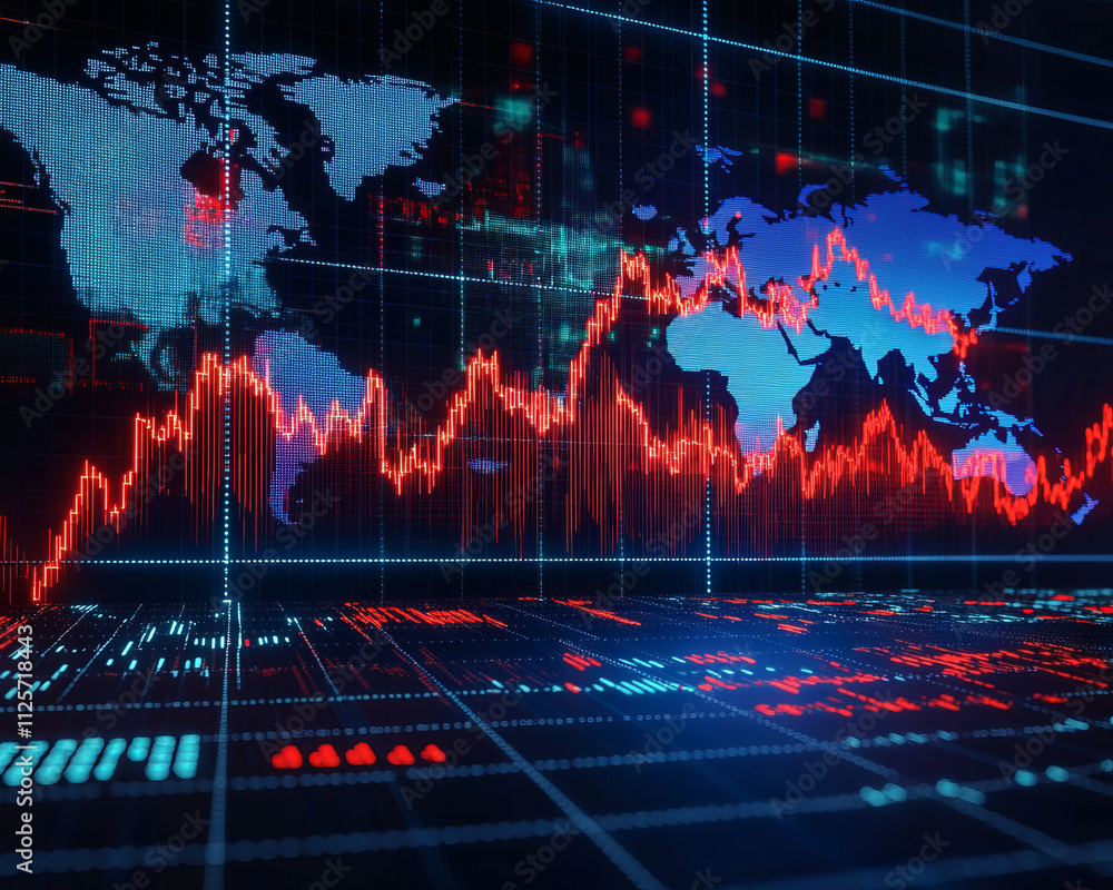 Aufkleber digital world map with stock market trends and data visualization