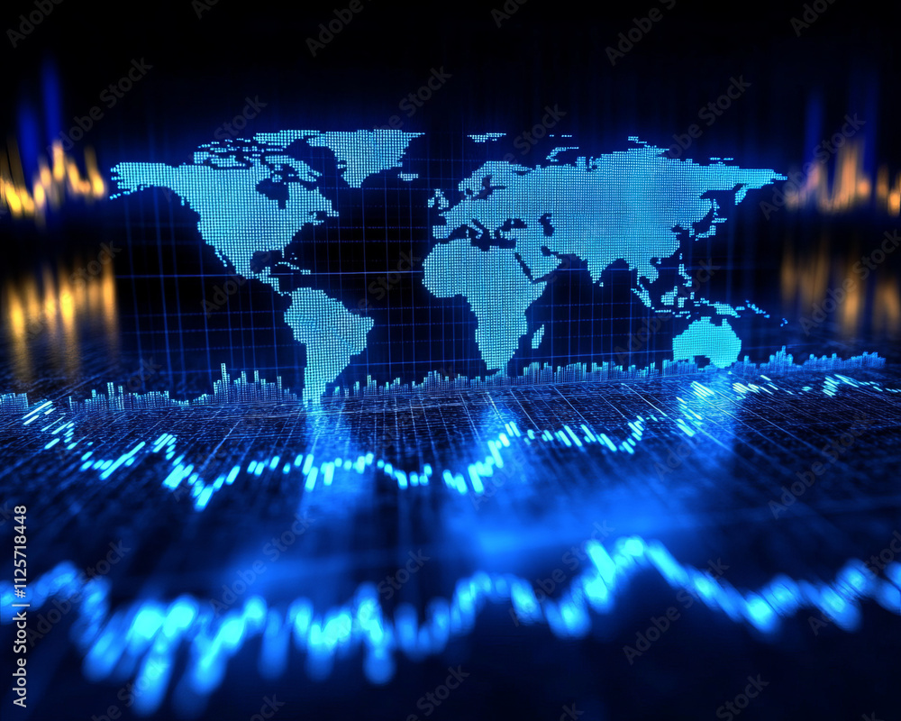 Poster digital world map with glowing data visualization elements