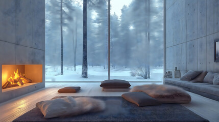 Cozy Winter Retreat: A serene living room with a crackling fireplace and expansive windows overlooking a snowy forest. The soft, inviting cushions and warm glow create a peaceful and cozy ambiance.