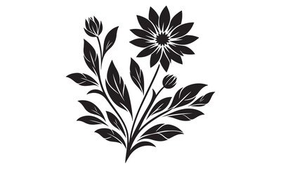 Black and white floral bouquet illustration; stylized flower and leaves;  silhouette design; frontal view; no effects; white background.
