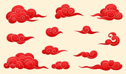 A collection of red Chinese moire material on a light yellow background