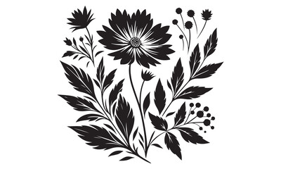 Black and White Floral Silhouette Bouquet: Intricate Leaf and Flower Design,  Overhead Shot, High Contrast, White Background.
