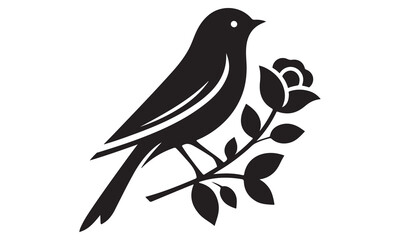 Stylized Black Bird Silhouette Perched on Rose Branch;  Direct Overhead Shot, High Contrast, White Background.

