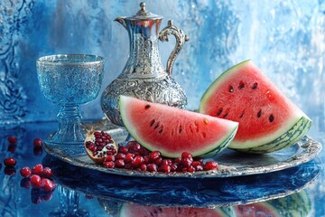 Festive Yalda Night: Celebrating with pomegranates and watermelon, embracing the vibrant traditions of this ancient festival with colorful fruits and joyful gatherings.